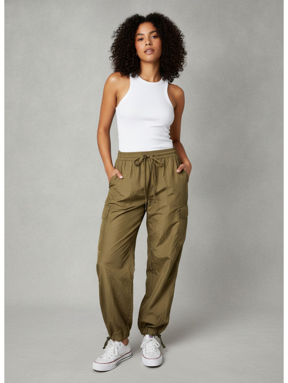 Casual Olive Green Cargo Jogger Pants with Drawstring Waist
